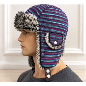 Pistil Striped Trapper Aviator Hat Faux Fur Ear Flaps Knit Ski Snow OS Gorpcore